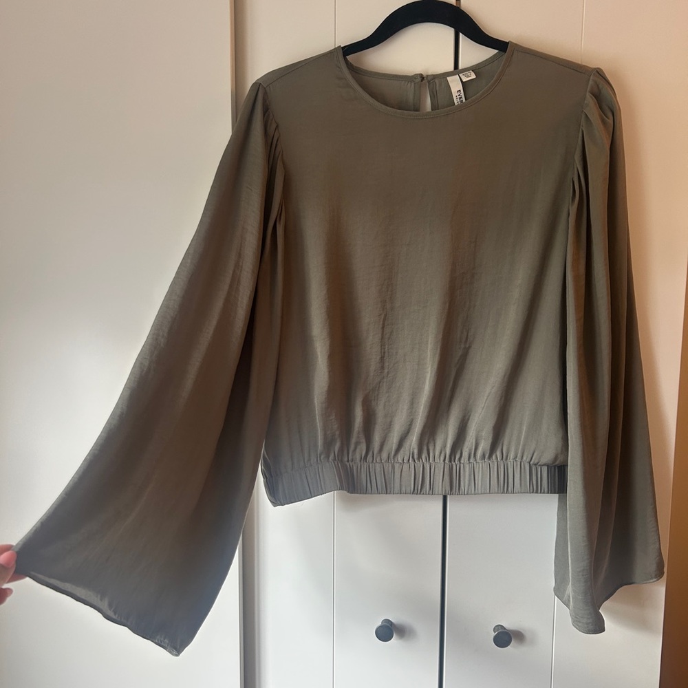 Ever New Satin Olive Green Blouse with Elegant Sleeves